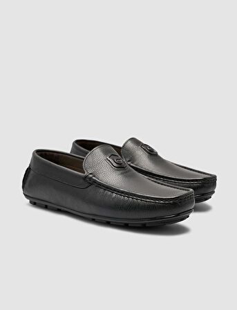 Cabani %100 Hakiki Deri Siyah Logo Detaylı Erkek Loafer Ayakkabı