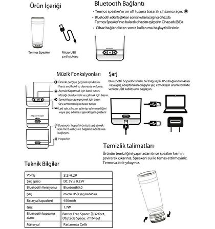 Vaeske 500 Ml Çelik Termos Bluetooth Hoparlör Mavi