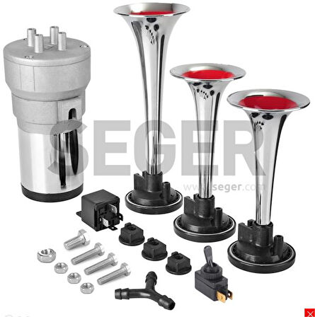 12V ÜÇLÜ KORNA KOMPRESÖRLÜ KROM BORULU