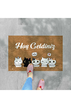 Yavru Kedicikler Temalı Coco Görünümlü Dekoratif Dış Kapı Önü ve Iç Mekan Paspası