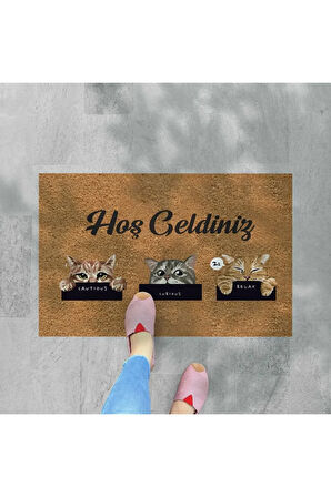 hoş geldiniz yazılır Temalı Kedili Dekoratif Dış Kapı Önü ve Iç Mekan Paspası