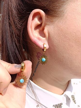 Luna Jewelry Kadın Güneş Model Turkuaz Taşlı 316 L Çelik Küpe