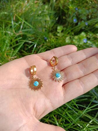 Luna Jewelry Kadın Güneş Model Turkuaz Taşlı 316 L Çelik Küpe