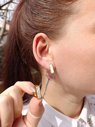 Luna Jewelry Kadın Gold Renk Sedefli Dikdörtgen Model 316 L Çelik Küpe