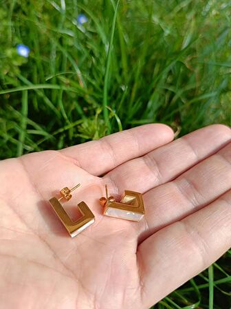 Luna Jewelry Kadın Gold Renk Sedefli Dikdörtgen Model 316 L Çelik Küpe