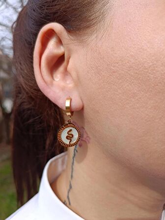 Luna Jewelry Kadın Gold Renk Sedefli Mineli Yılan Desenli 316 L Çelik Küpe