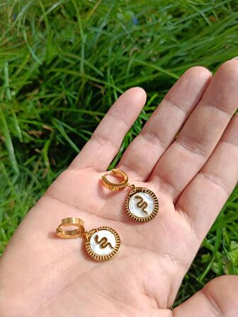 Luna Jewelry Kadın Gold Renk Sedefli Mineli Yılan Desenli 316 L Çelik Küpe