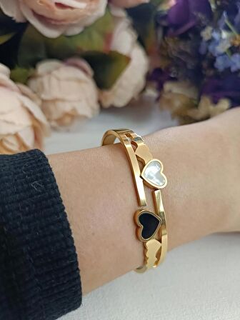 Luna Jewelry Kadın Gold Renk 316 L Çelik Kalp Detaylı Renk Atmaz Kelepçe Bilezik