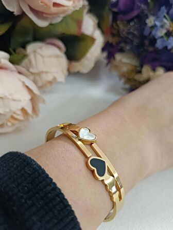 Luna Jewelry Kadın Gold Renk 316 L Çelik Kalp Detaylı Renk Atmaz Kelepçe Bilezik