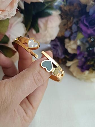Luna Jewelry Kadın Gold Renk 316 L Çelik Kalp Detaylı Renk Atmaz Kelepçe Bilezik