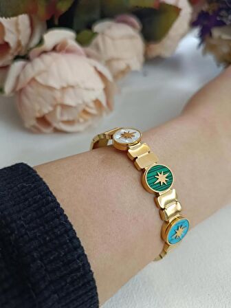 Luna Jewelry Kadın Gold Renk 316 L Çelik Kutup Yıldızı Detaylı Renk Atmaz Kelepçe Bilezik