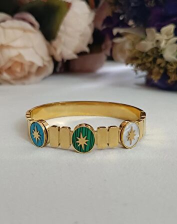 Luna Jewelry Kadın Gold Renk 316 L Çelik Kutup Yıldızı Detaylı Renk Atmaz Kelepçe Bilezik