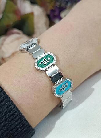 Luna Jewelry Kadın Gümüş Renk 316L Çelik Yılan Desenli Sedef Detaylı Renk Atmaz Kelepçe Bilezik