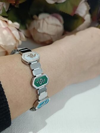 Luna Jewelry Kadın Gümüş Renk 316L Çelik Yılan Desenli Sedef Detaylı Renk Atmaz Kelepçe Bilezik
