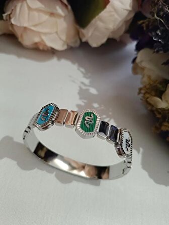 Luna Jewelry Kadın Gümüş Renk 316L Çelik Yılan Desenli Sedef Detaylı Renk Atmaz Kelepçe Bilezik