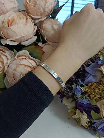 Luna Jewelry Kadın Gümüş Renk 316 L Çelik Modern Desenli Kelepçe Bilezik