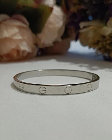 Luna Jewelry Kadın Gümüş Renk 316 L Çelik Modern Desenli Kelepçe Bilezik