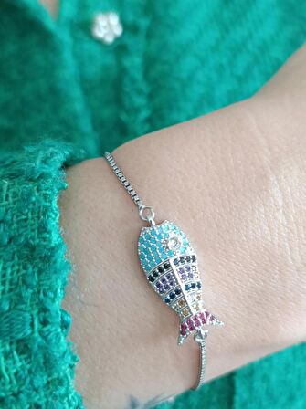 Luna Jewelry Kadın Gümüş Renkli Deniz Macerası Zirkon Taşlı Asansör Ayarlanabilir Renk Atmaz Çelik Bileklik