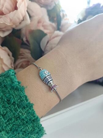 Luna Jewelry Kadın Gümüş Renkli Deniz Macerası Zirkon Taşlı Asansör Ayarlanabilir Renk Atmaz Çelik Bileklik