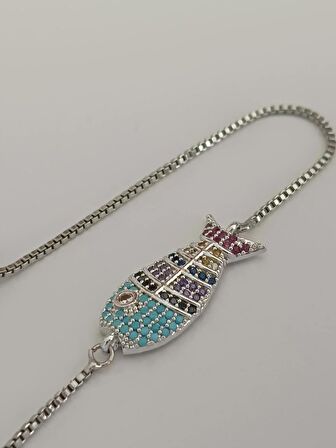 Luna Jewelry Kadın Gümüş Renkli Deniz Macerası Zirkon Taşlı Asansör Ayarlanabilir Renk Atmaz Çelik Bileklik
