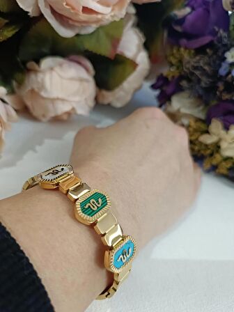 Luna Jewelry Kadın Gold Renk 316L Çelik Yılan Desenli Sedef Detaylı Renk Atmaz Kelepçe Bilezik