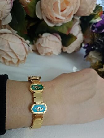 Luna Jewelry Kadın Gold Renk 316L Çelik Yılan Desenli Sedef Detaylı Renk Atmaz Kelepçe Bilezik