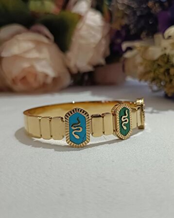 Luna Jewelry Kadın Gold Renk 316L Çelik Yılan Desenli Sedef Detaylı Renk Atmaz Kelepçe Bilezik
