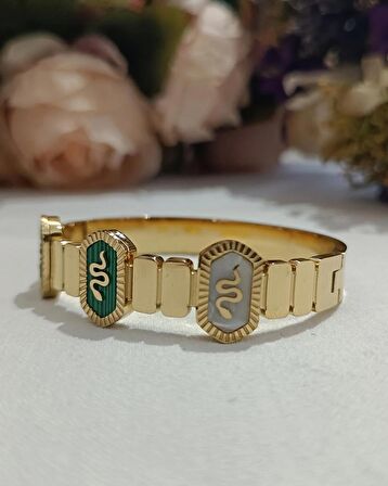 Luna Jewelry Kadın Gold Renk 316L Çelik Yılan Desenli Sedef Detaylı Renk Atmaz Kelepçe Bilezik