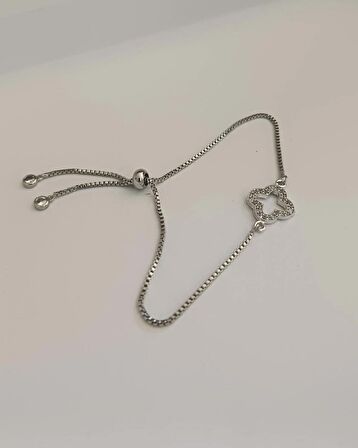  Luna Jewelry Kadın Gümüş Renkli Yonca Desenli Zirkon Taşlı Asansör Ayarlanabilir Renk Atmaz Çelik Bileklik