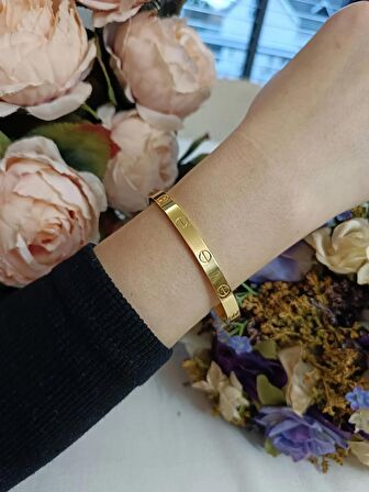 Luna Jewelry Kadın Gold Renk 316 L Çelik Modern Desenli Kelepçe Bilezik