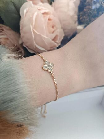 Luna Jewelry Kadın Gold Renkli Yonca Desenli Zirkon Taşlı Asansör Ayarlanabilir Renk Atmaz Çelik Bileklik