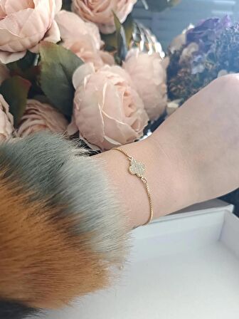 Luna Jewelry Kadın Gold Renkli Yonca Desenli Zirkon Taşlı Asansör Ayarlanabilir Renk Atmaz Çelik Bileklik