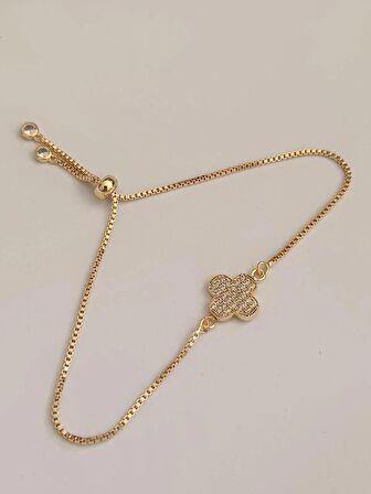 Luna Jewelry Kadın Gold Renkli Yonca Desenli Zirkon Taşlı Asansör Ayarlanabilir Renk Atmaz Çelik Bileklik