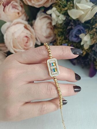 Luna Jewelry Kadın Gold Renkli Baget Model Zirkon Taşlı Dorika Zincir Renk Atmaz Çelik Bileklik