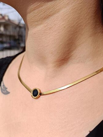 Luna Jewelry Kadın Gold Renk Roma Rakamlı Siyah Taşlı İtalyan 316 L Çelik Zincir Kolye