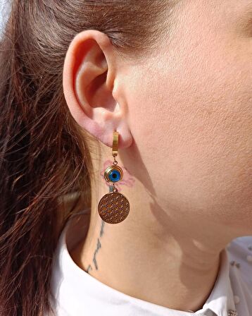 Luna Jewelry Kadın Gold Renk Yaşam Çiçeği Model Nazar Boncuğu Detaylı 316 L Çelik Küpe