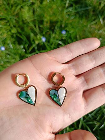 Luna Jewelry Kadın Gold Renk Sedefli Kalp Model Sallantılı 316 L Çelik Küpe