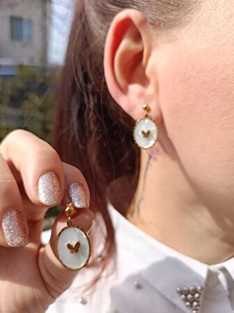 Luna Jewelry Kadın Gold Renk Beyaz Sedefli Mineli Kelebek Model 316 L Çelik Küpe