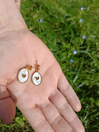 Luna Jewelry Kadın Gold Renk Beyaz Sedefli Mineli Kelebek Model 316 L Çelik Küpe