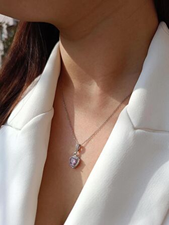 Luna Jewelry Kadın Pırlanta Modeli Pembe Zirkon Taşlı 316 L Çelik Kalp Kolye