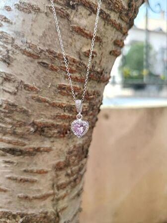 Luna Jewelry Kadın Pırlanta Modeli Pembe Zirkon Taşlı 316 L Çelik Kalp Kolye