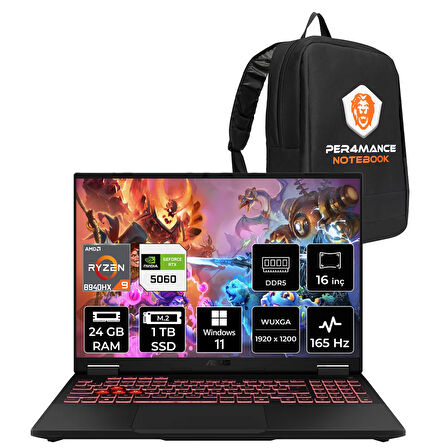 Asus TUF Gaming A16 R9 8940HX 24GB 1TB SSD RTX5060/8GB 115W 165Hz 16'' WUXGA W11H Laptop FA608PM