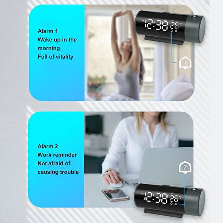 TechTic Projeksiyon Saat Silindir 180° Çift Alarm Sıcaklık-Saat Yansıtmalı Çalar Saat Telefon Şarjı