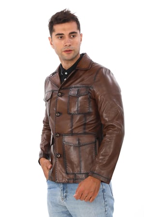 Erkek Safari Stil Çok Cepli Hakiki Deri Ceket - 7003