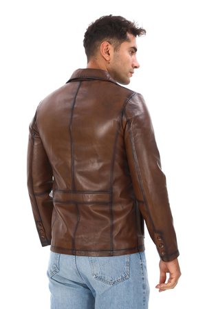 Erkek Safari Stil Çok Cepli Hakiki Deri Ceket - 7003