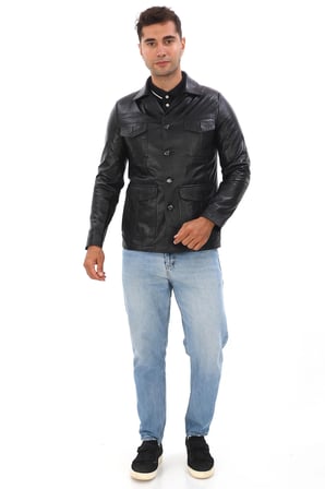 Erkek Safari Stil Çok Cepli Gerçek Deri Ceket - 7003