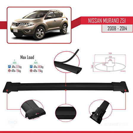 Nissan Murano 2 (Z51) 2008-2014 Arası ile Uyumlu FLY Model Ara Atkı Tavan Barı Siyah 3 Adet