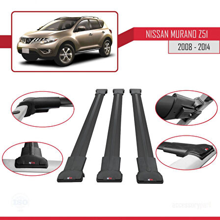 Nissan Murano 2 (Z51) 2008-2014 Arası ile Uyumlu FLY Model Ara Atkı Tavan Barı Siyah 3 Adet