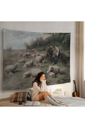 Cornelis van Leemputten Schaferpaar mit Herde Duvar Örtüsü-7006