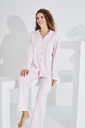 %100 Pamuk Uzun Kol Önden Düğmeli Kadın Pijama Takımı 98228-29